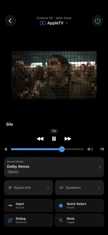 Dirigo iPhone home screen with a Marantz Cinema 50 connected, showing the active Apple TV input, master volume, sound mode, and a live now-playing card from the paired Apple TV.