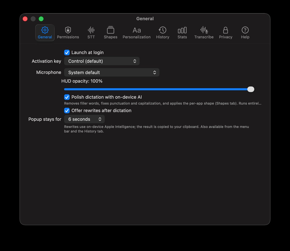 Quoth General settings — dictation shortcut, microphone, HUD opacity, and the on-device AI polish toggle.