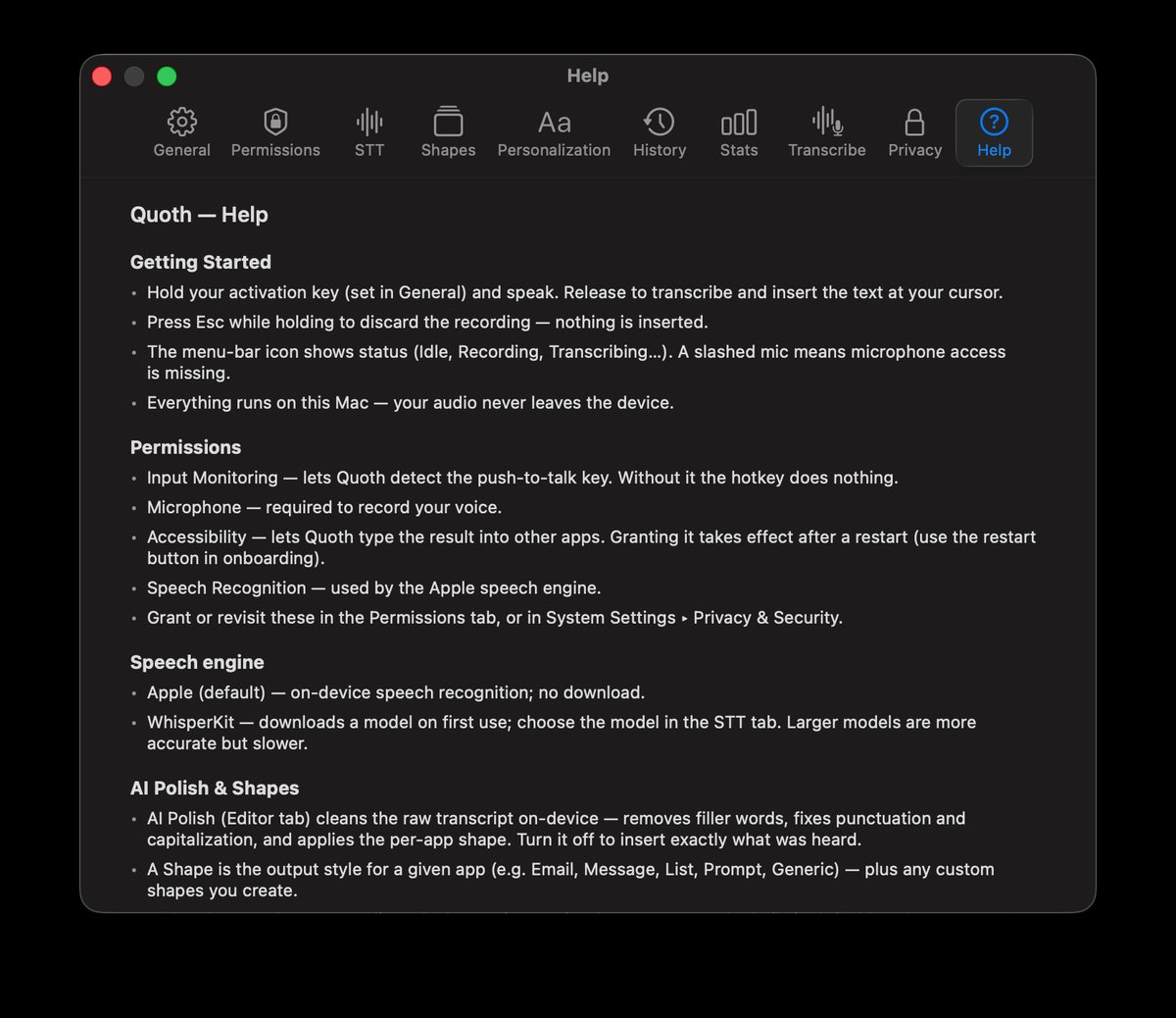 Quoth in-app Help guide covering getting started, permissions, the speech engine, shapes, privacy, and troubleshooting.
