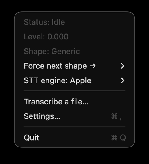 Quoth menu-bar menu showing status, force-next-shape, STT engine, and settings.