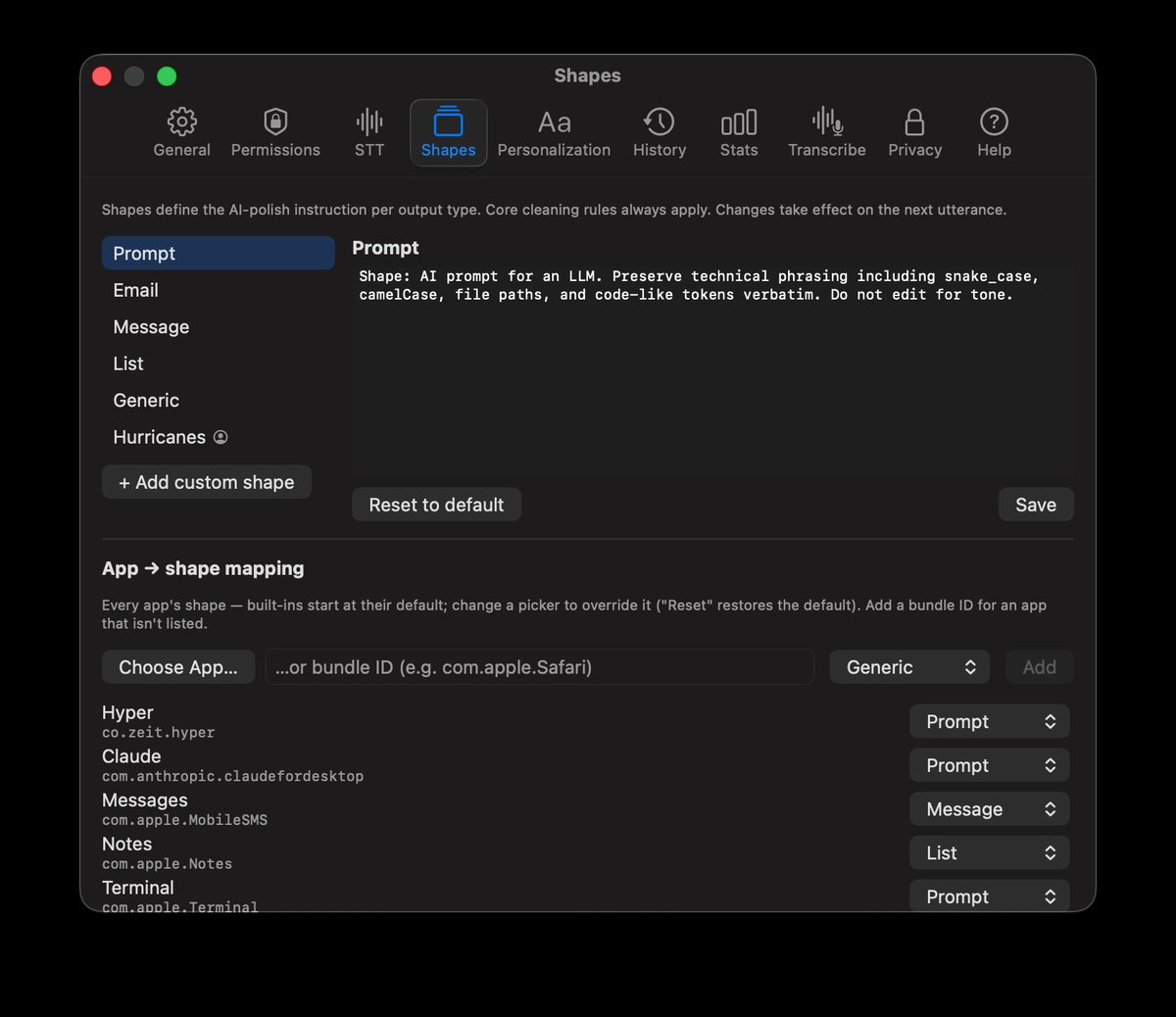 Quoth's Shapes settings — built-in and custom output shapes with editable instructions, and the per-app bundle-ID to shape mapping.